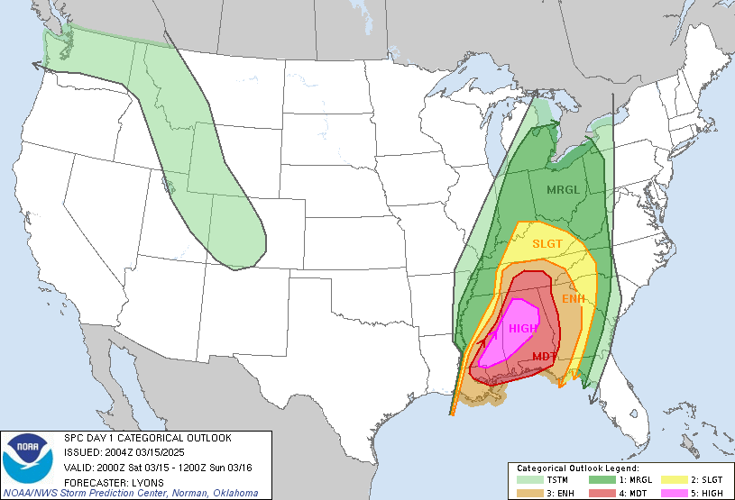 Original SPC Day 1 national outlook valid 2025-03-15, including the official legend and printed issuance.