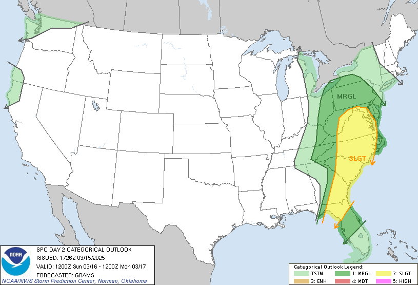 Original SPC Day 2 national outlook valid 2025-03-16, including the official legend and printed issuance.