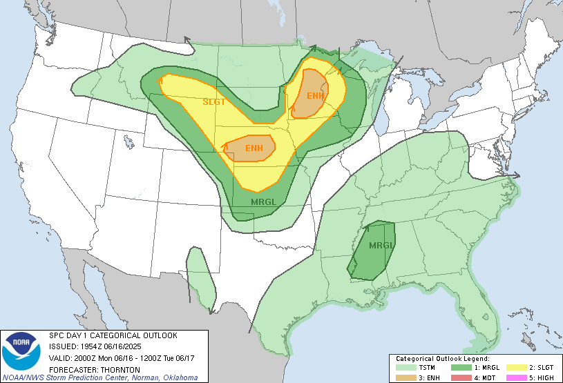 Original SPC Day 1 national outlook valid 2025-06-16, including the official legend and printed issuance.