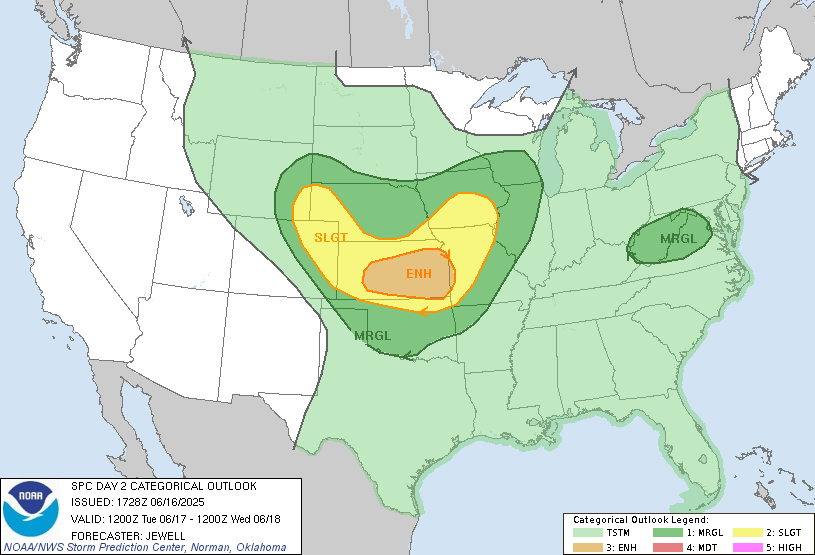 Original SPC Day 2 national outlook valid 2025-06-17, including the official legend and printed issuance.