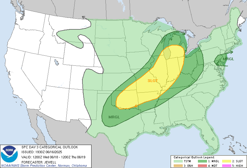 Original SPC Day 3 national outlook valid 2025-06-18, including the official legend and printed issuance.