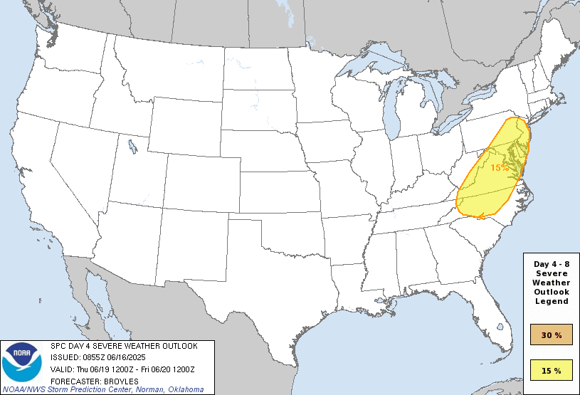 Original SPC Day 4 national outlook valid 2025-06-19, including the official legend and printed issuance.