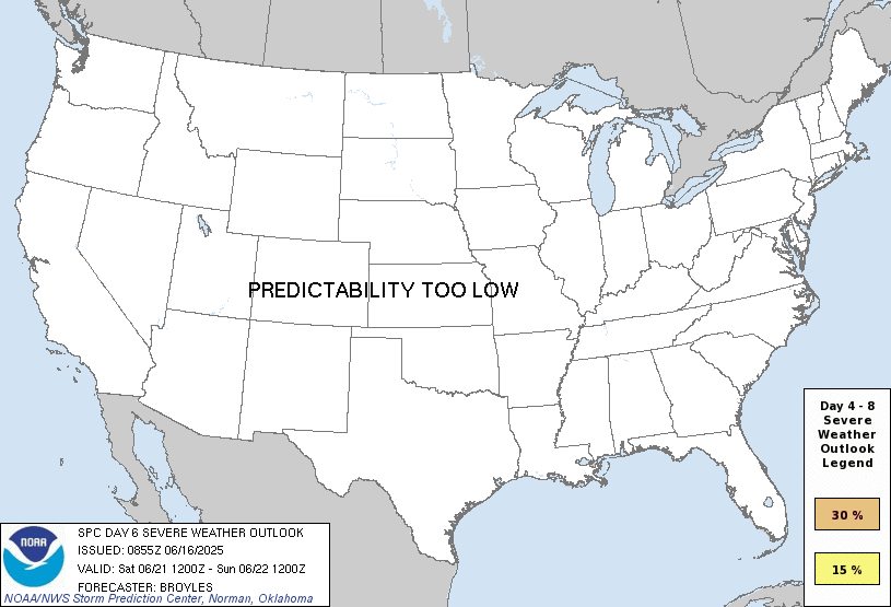 Original SPC Day 6 national outlook valid 2025-06-21, including the official legend and printed issuance.