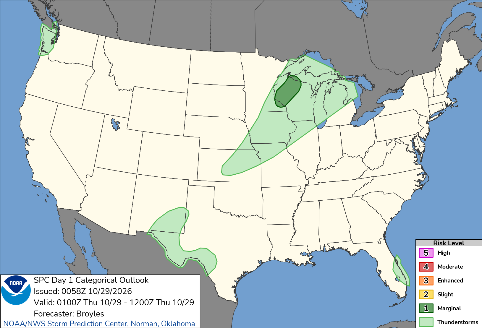 Original SPC Day 1 national outlook valid 2026-10-28, including the official legend and printed issuance.