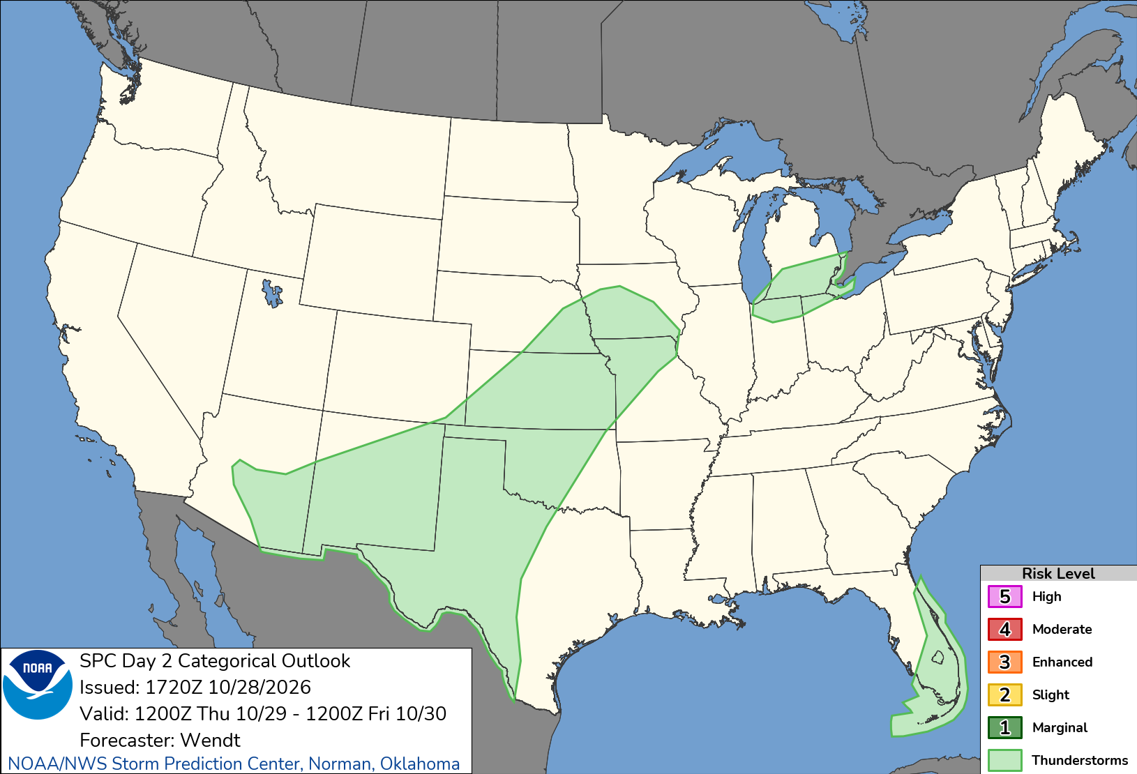 Original SPC Day 2 national outlook valid 2026-10-29, including the official legend and printed issuance.