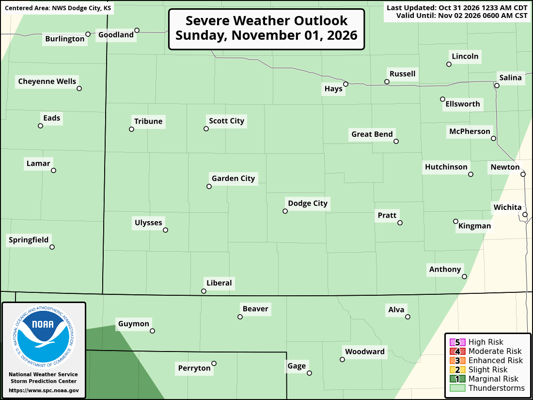 Original SPC partner Day 2 outlook map for the National Weather Service Dodge City KS forecast office area, including its printed dates and legend. Regional context for Liberal.