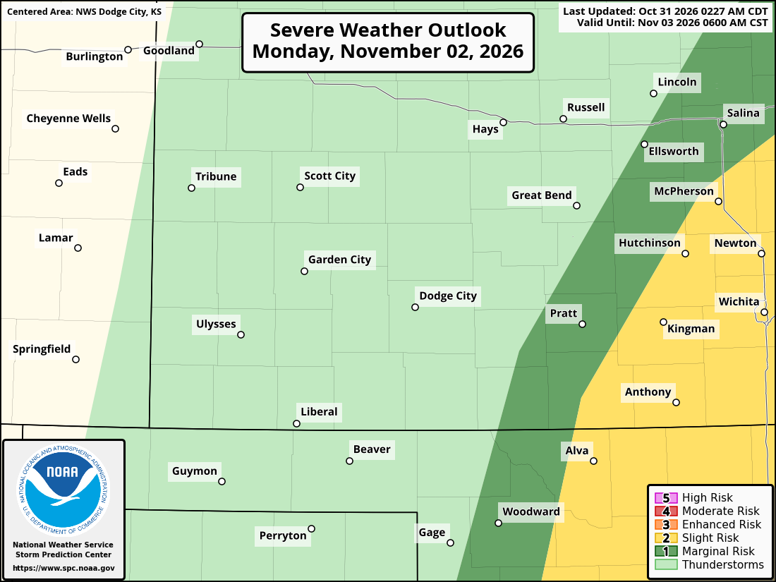 Original SPC partner Day 3 outlook map for the National Weather Service Dodge City KS forecast office area, including its printed dates and legend. Regional context for Liberal.