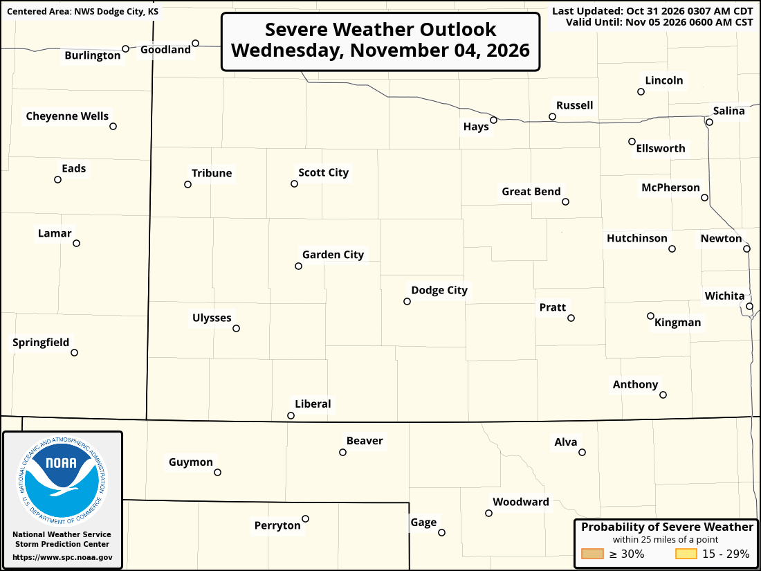 Original SPC partner Day 5 outlook map for the National Weather Service Dodge City KS forecast office area, including its printed dates and legend. Regional context for Liberal.