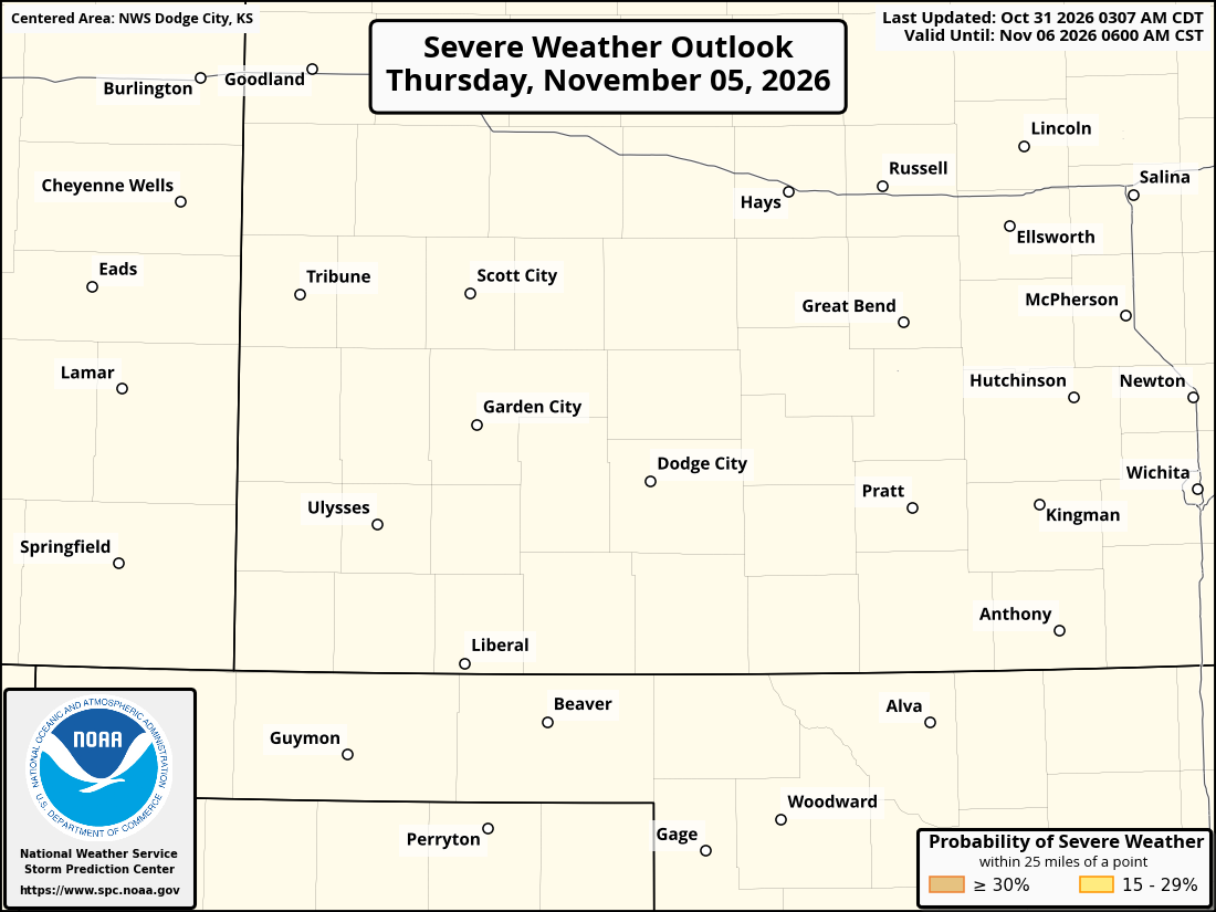 Original SPC partner Day 6 outlook map for the National Weather Service Dodge City KS forecast office area, including its printed dates and legend. Regional context for Liberal.