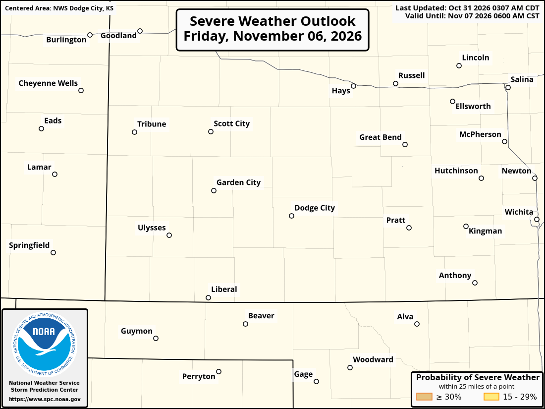 Original SPC partner Day 7 outlook map for the National Weather Service Dodge City KS forecast office area, including its printed dates and legend. Regional context for Liberal.