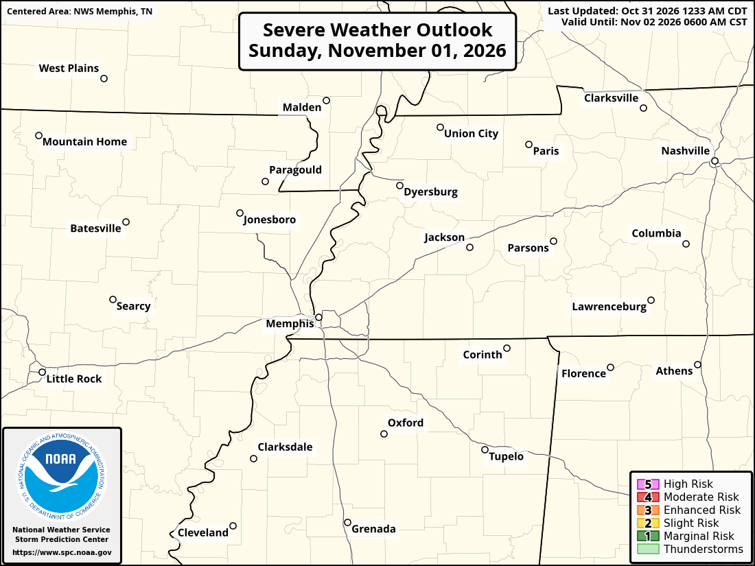 Original SPC partner Day 2 outlook map for the National Weather Service Memphis TN forecast office area, including its printed dates and legend. Regional context for Jonesboro.