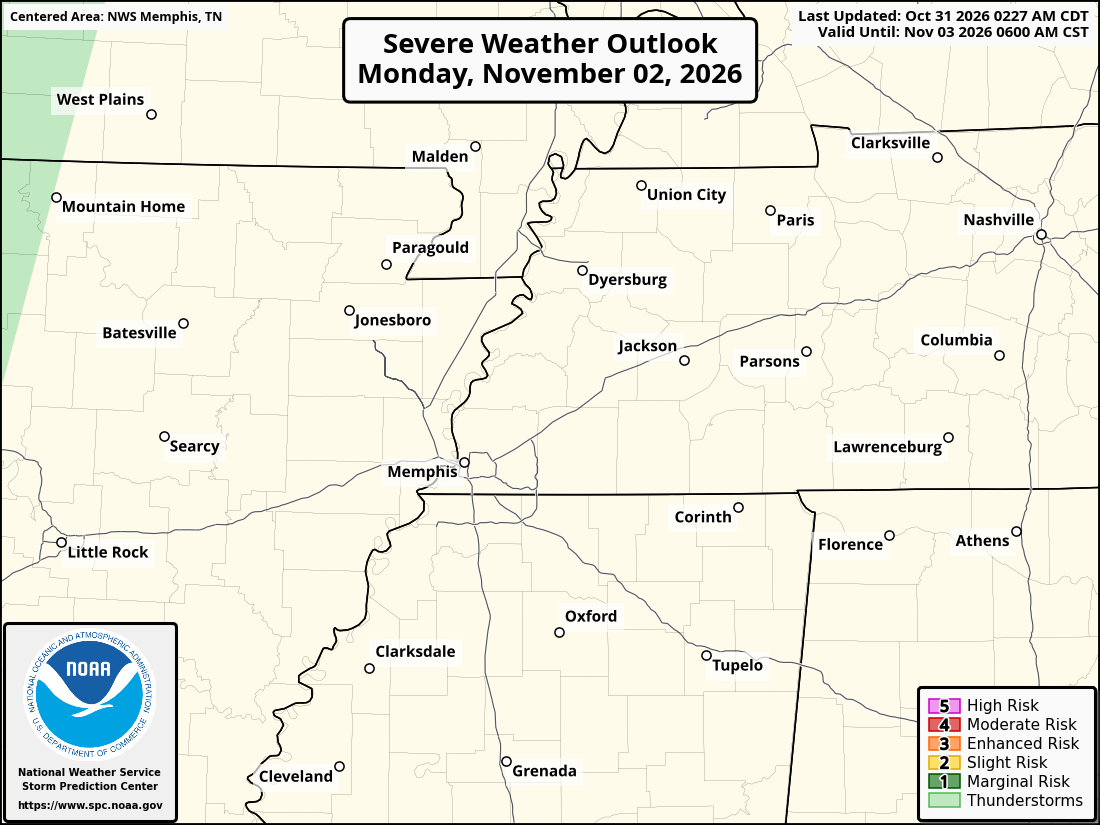 Original SPC partner Day 3 outlook map for the National Weather Service Memphis TN forecast office area, including its printed dates and legend. Regional context for Jonesboro.