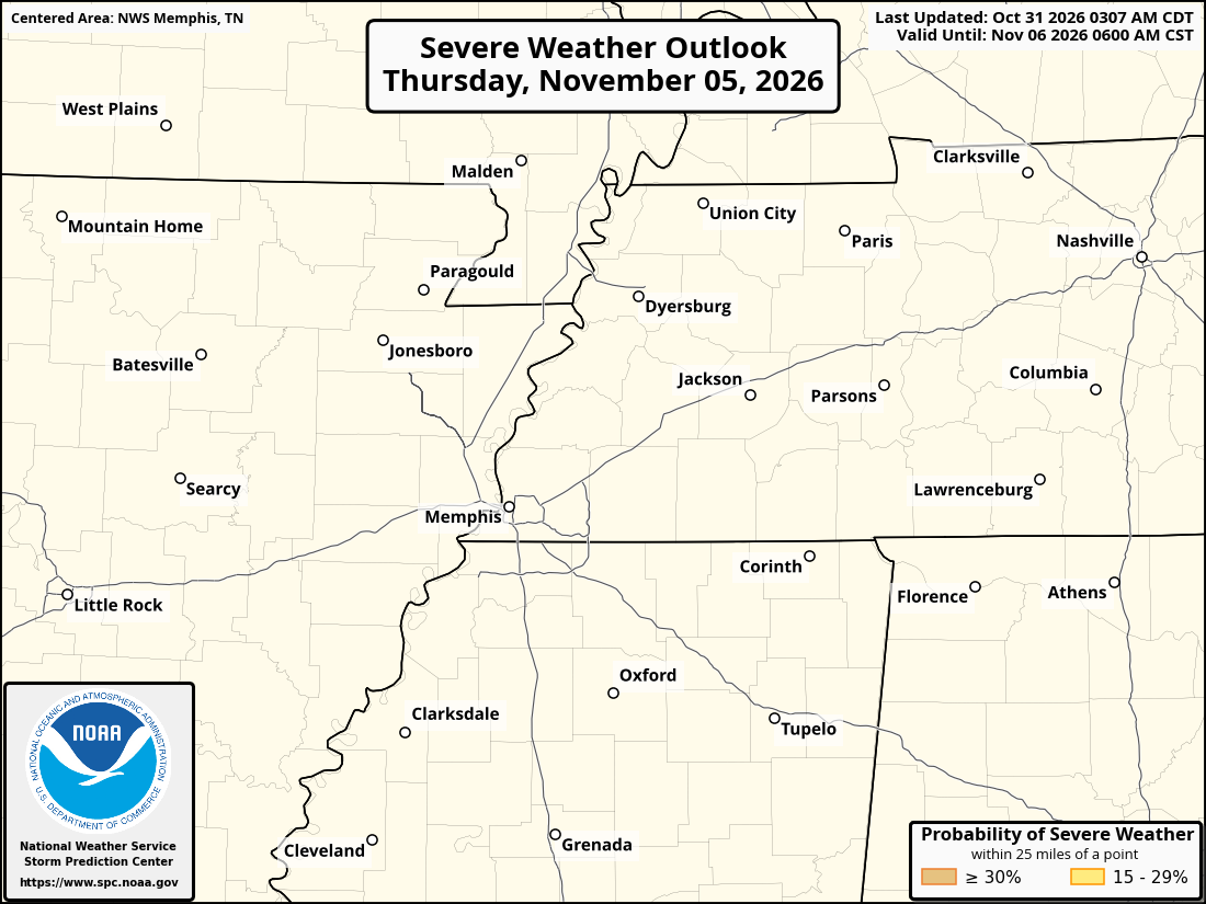 Original SPC partner Day 6 outlook map for the National Weather Service Memphis TN forecast office area, including its printed dates and legend. Regional context for Jonesboro.