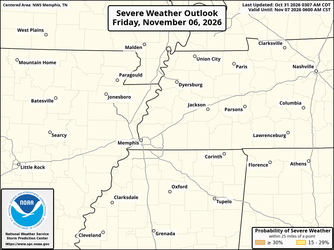 Original SPC partner Day 7 outlook map for the National Weather Service Memphis TN forecast office area, including its printed dates and legend. Regional context for Jonesboro.
