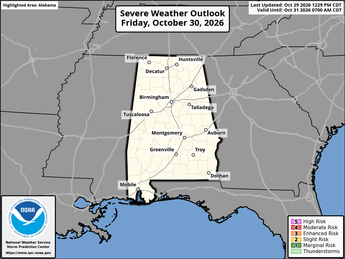 Original SPC partner Day 2 outlook map for Alabama, including its printed dates and legend. State context for Decatur.