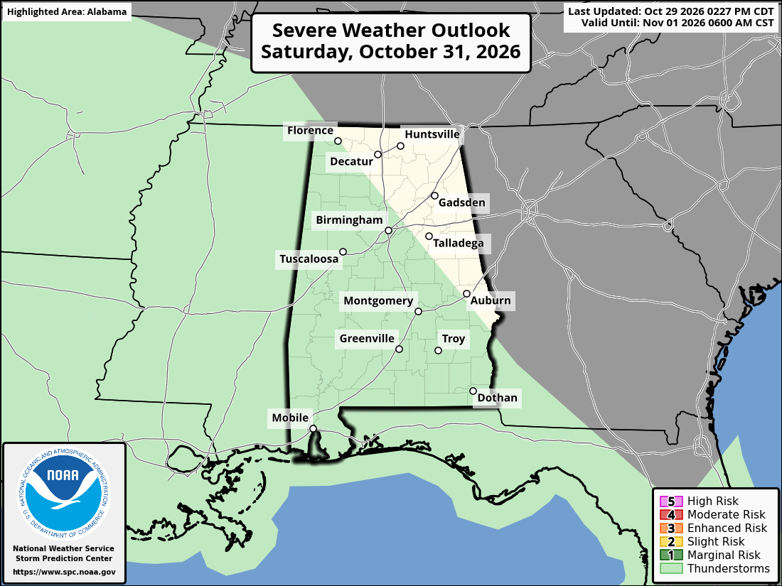 Original SPC partner Day 3 outlook map for Alabama, including its printed dates and legend. State context for Decatur.