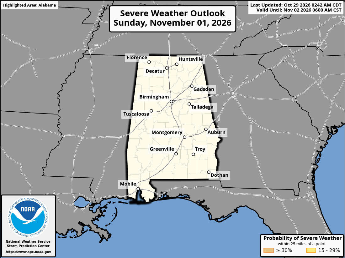 Original SPC partner Day 4 outlook map for Alabama, including its printed dates and legend. State context for Decatur.