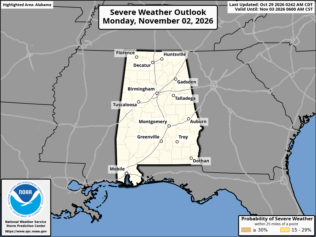 Original SPC partner Day 5 outlook map for Alabama, including its printed dates and legend. State context for Decatur.