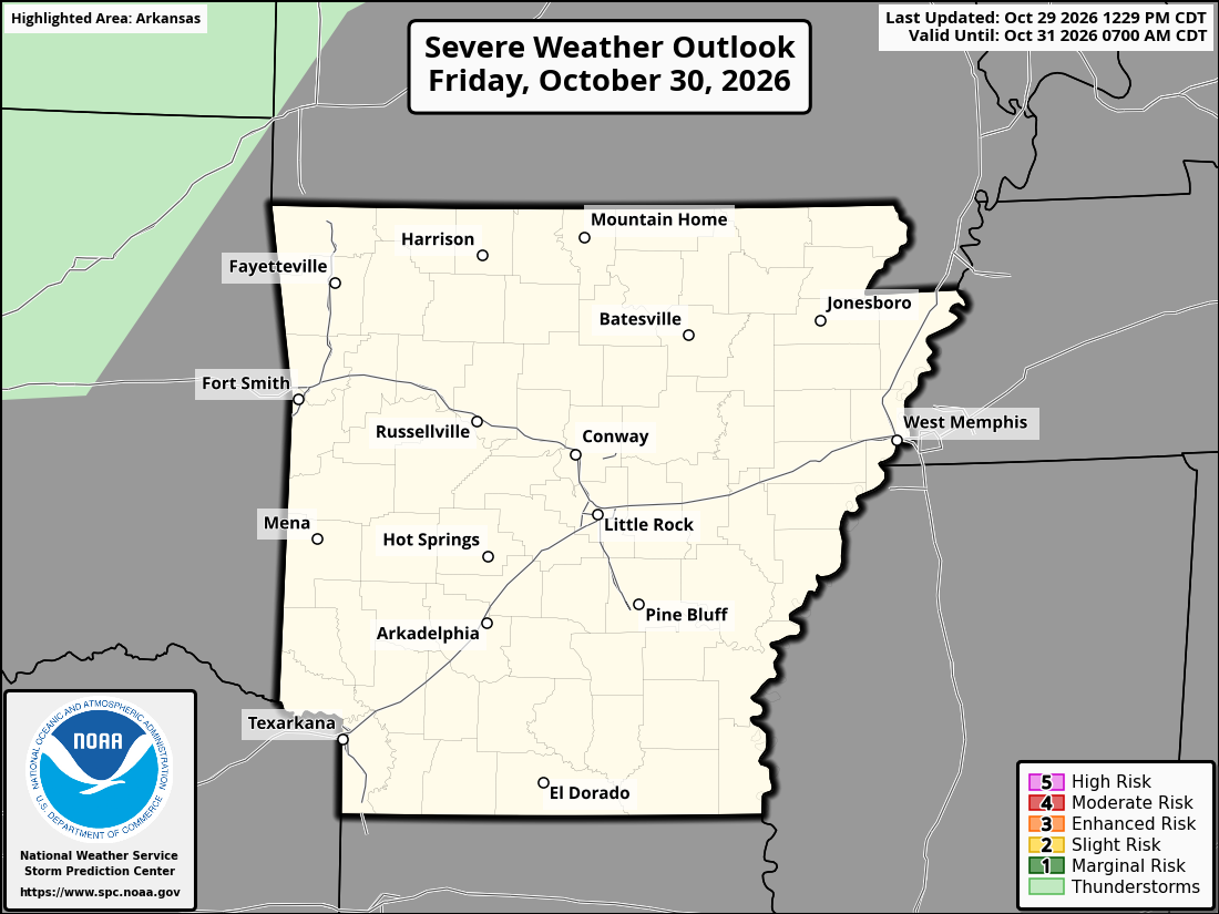 Original SPC partner Day 2 outlook map for Arkansas, including its printed dates and legend. State context for Jonesboro.