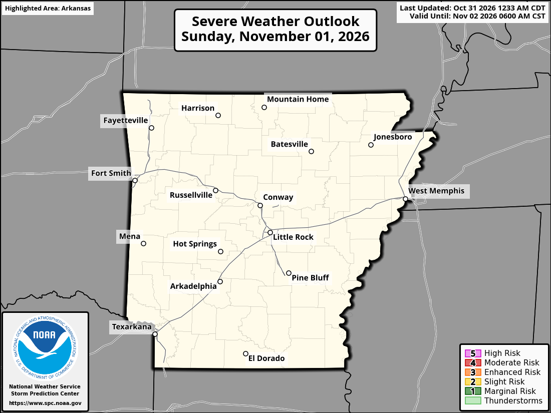 Original SPC partner Day 2 outlook map for Arkansas, including its printed dates and legend.