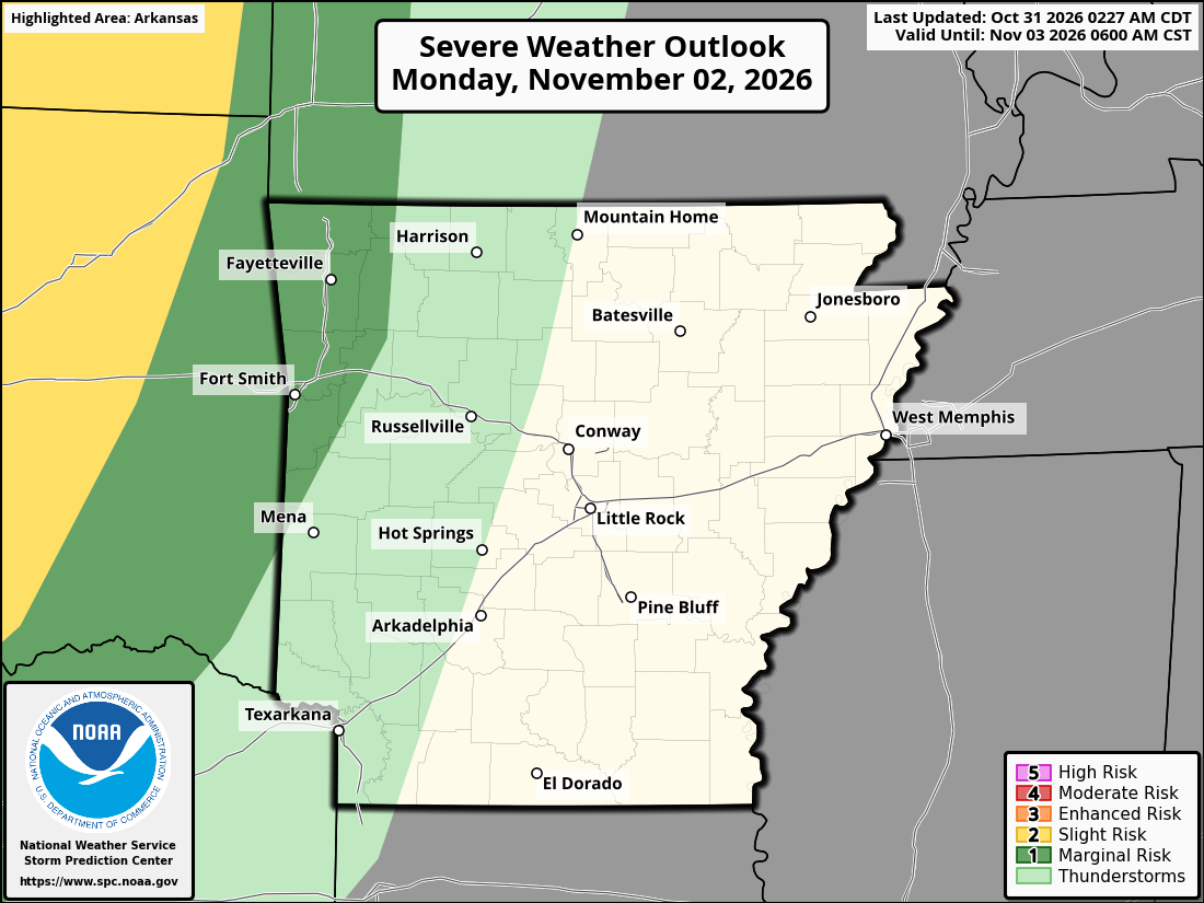 Original SPC partner Day 3 outlook map for Arkansas, including its printed dates and legend.