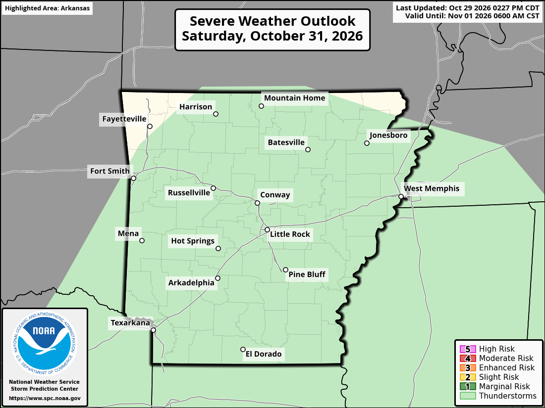 Original SPC partner Day 3 outlook map for Arkansas, including its printed dates and legend. State context for Jonesboro.