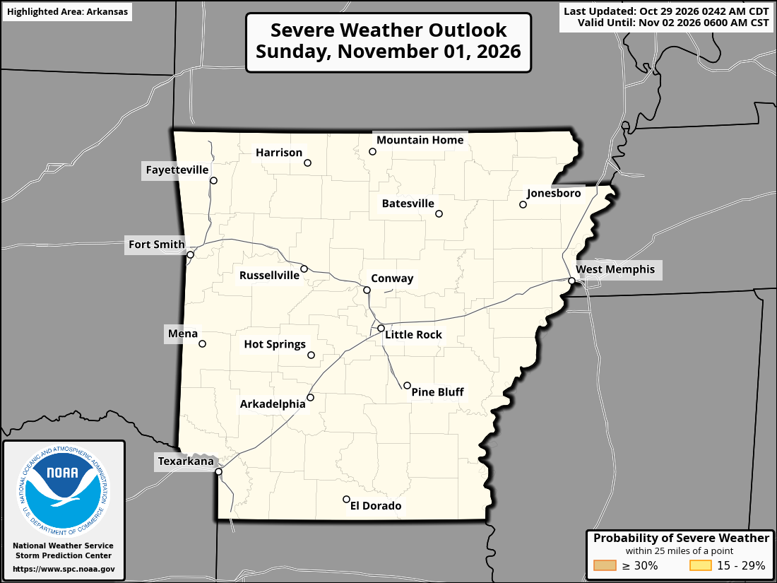 Original SPC partner Day 4 outlook map for Arkansas, including its printed dates and legend. State context for Jonesboro.