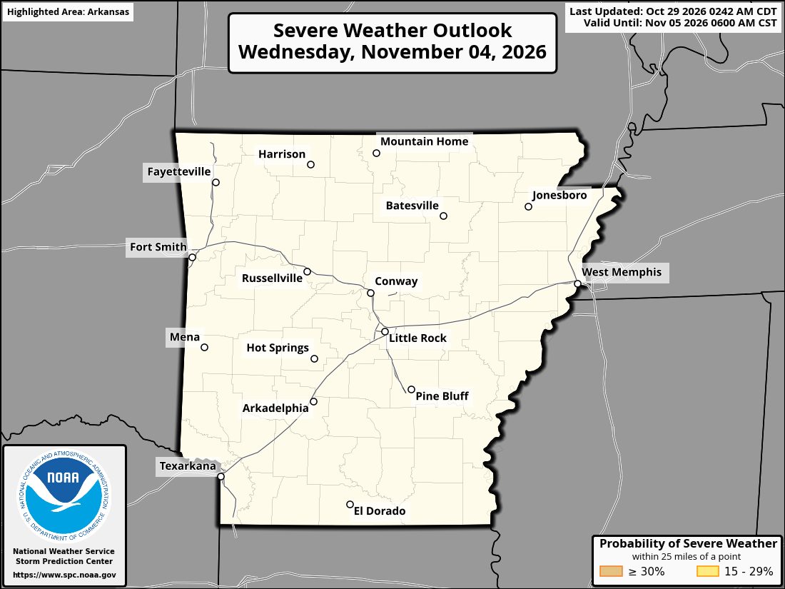 Original SPC partner Day 7 outlook map for Arkansas, including its printed dates and legend. State context for Jonesboro.