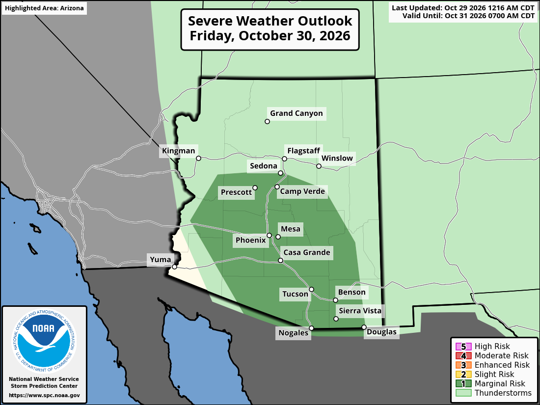 Original SPC partner Day 2 outlook map for Arizona, including its printed dates and legend.