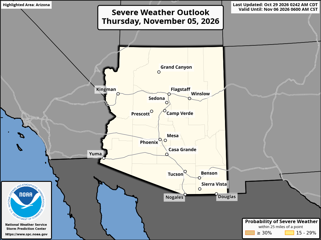 Original SPC partner Day 8 outlook map for Arizona, including its printed dates and legend.