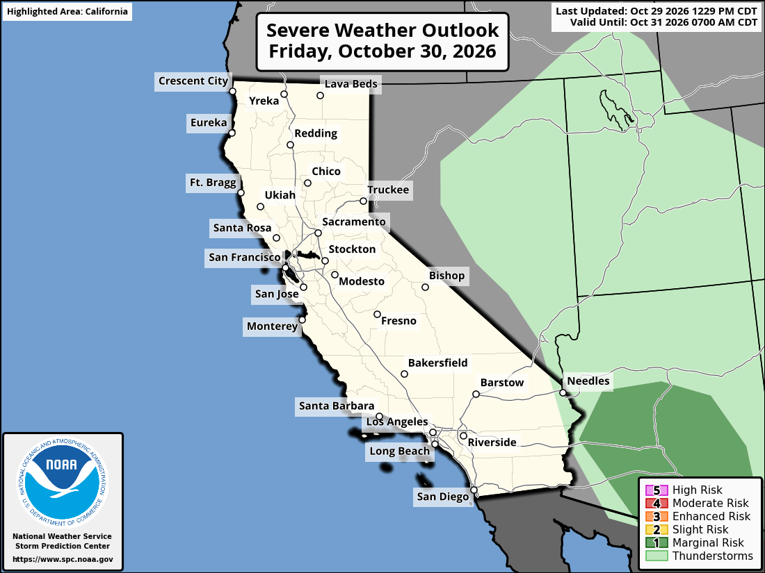 Original SPC partner Day 2 outlook map for California, including its printed dates and legend. State context for Garden Grove.