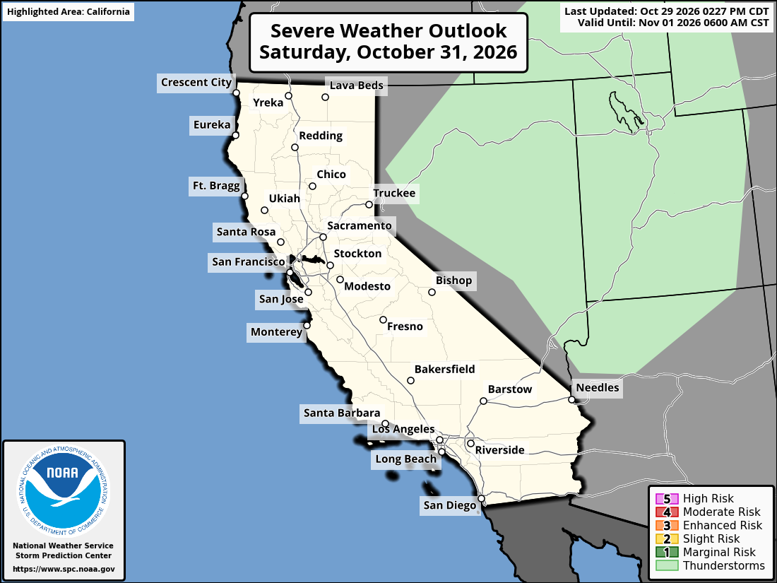 Original SPC partner Day 3 outlook map for California, including its printed dates and legend. State context for Garden Grove.