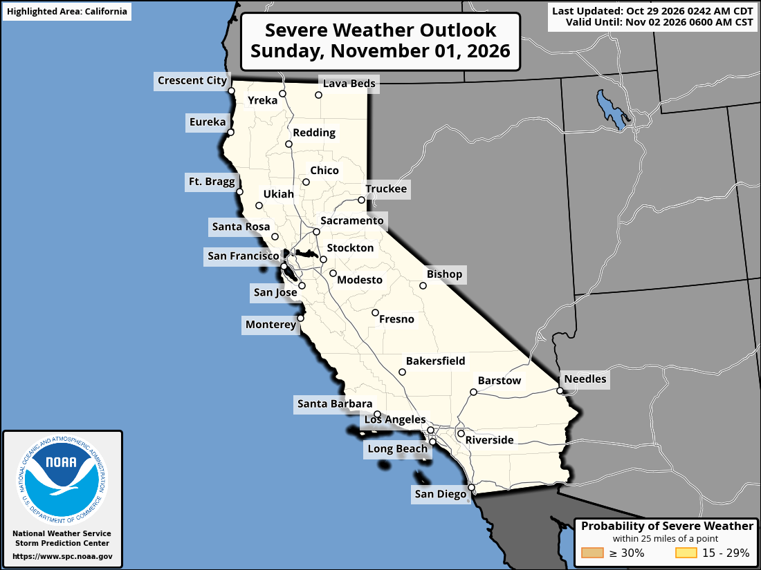 Original SPC partner Day 4 outlook map for California, including its printed dates and legend. State context for Garden Grove.