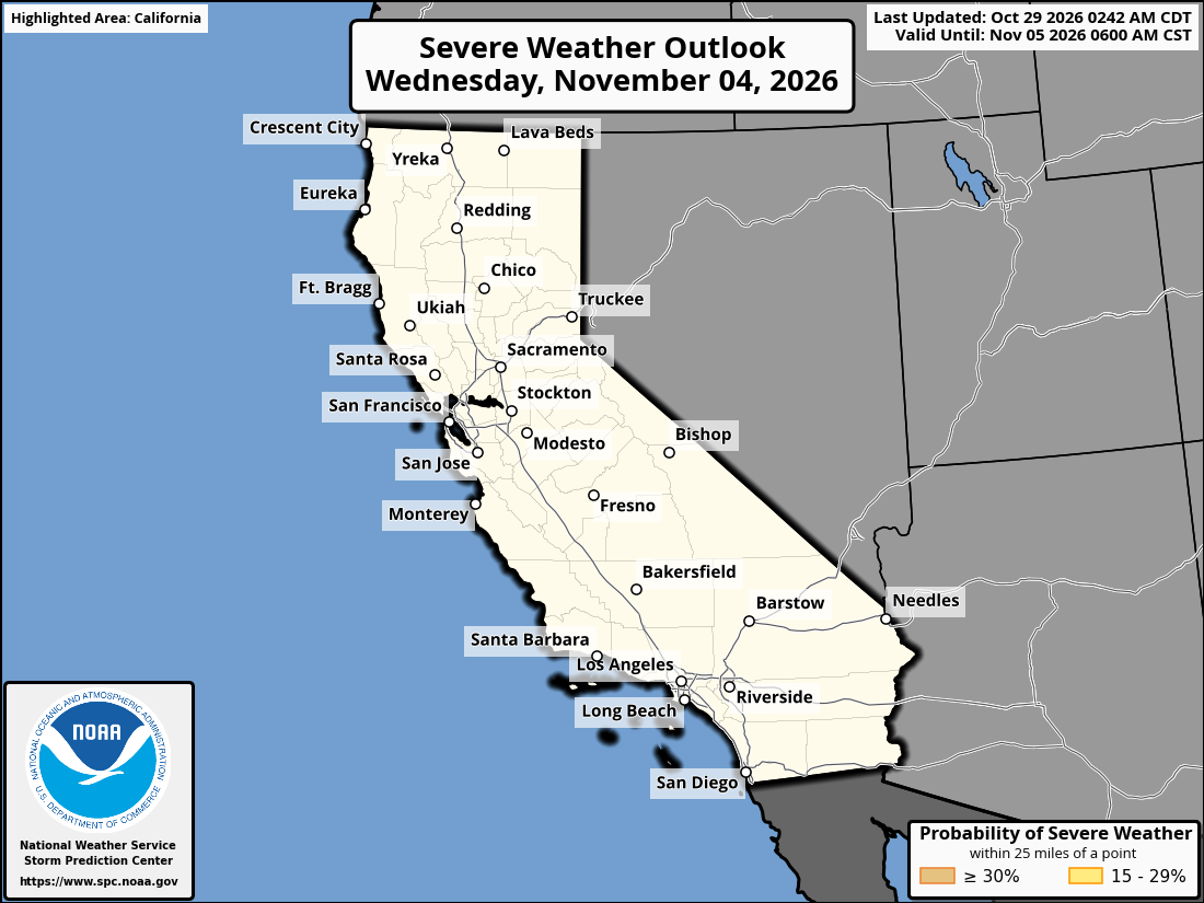 Original SPC partner Day 7 outlook map for California, including its printed dates and legend. State context for Garden Grove.
