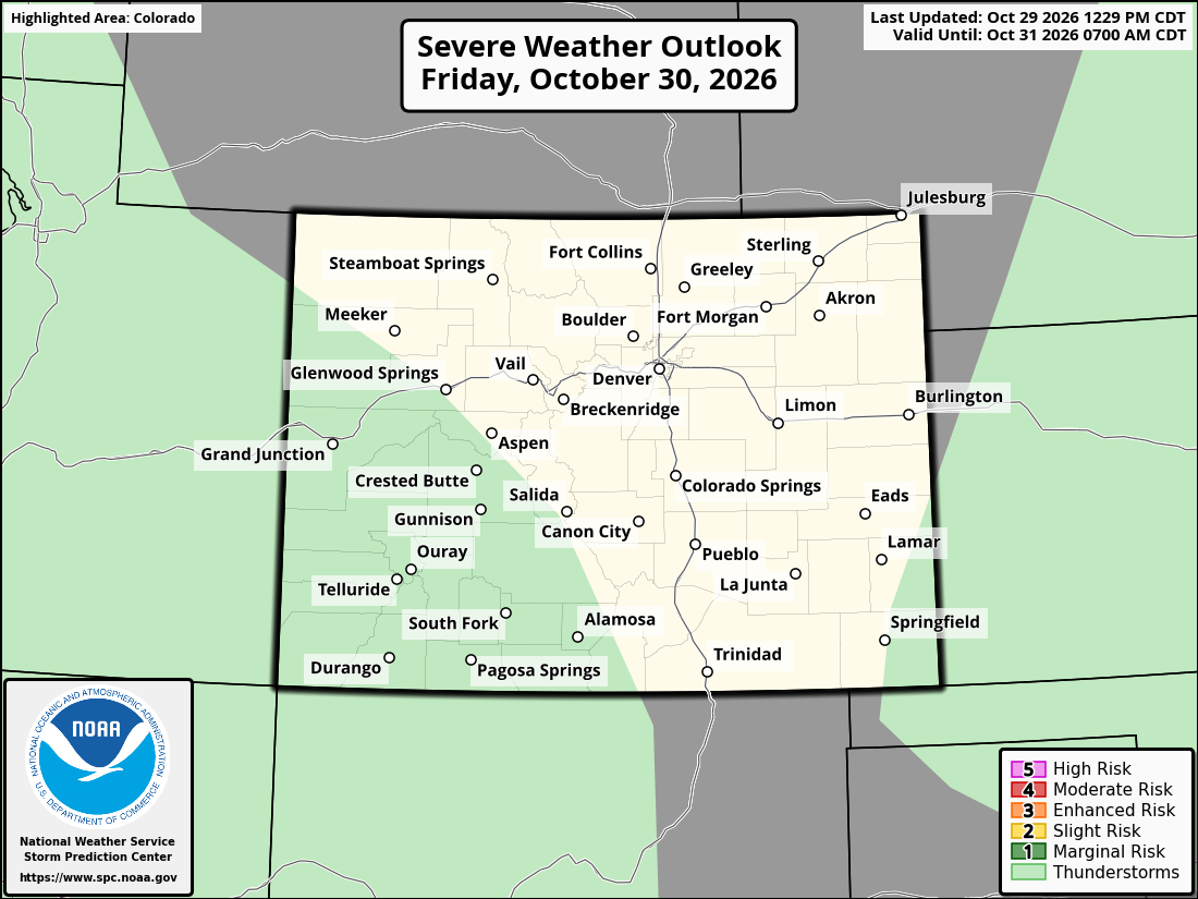 Original SPC partner Day 2 outlook map for Colorado, including its printed dates and legend. State context for Pueblo.