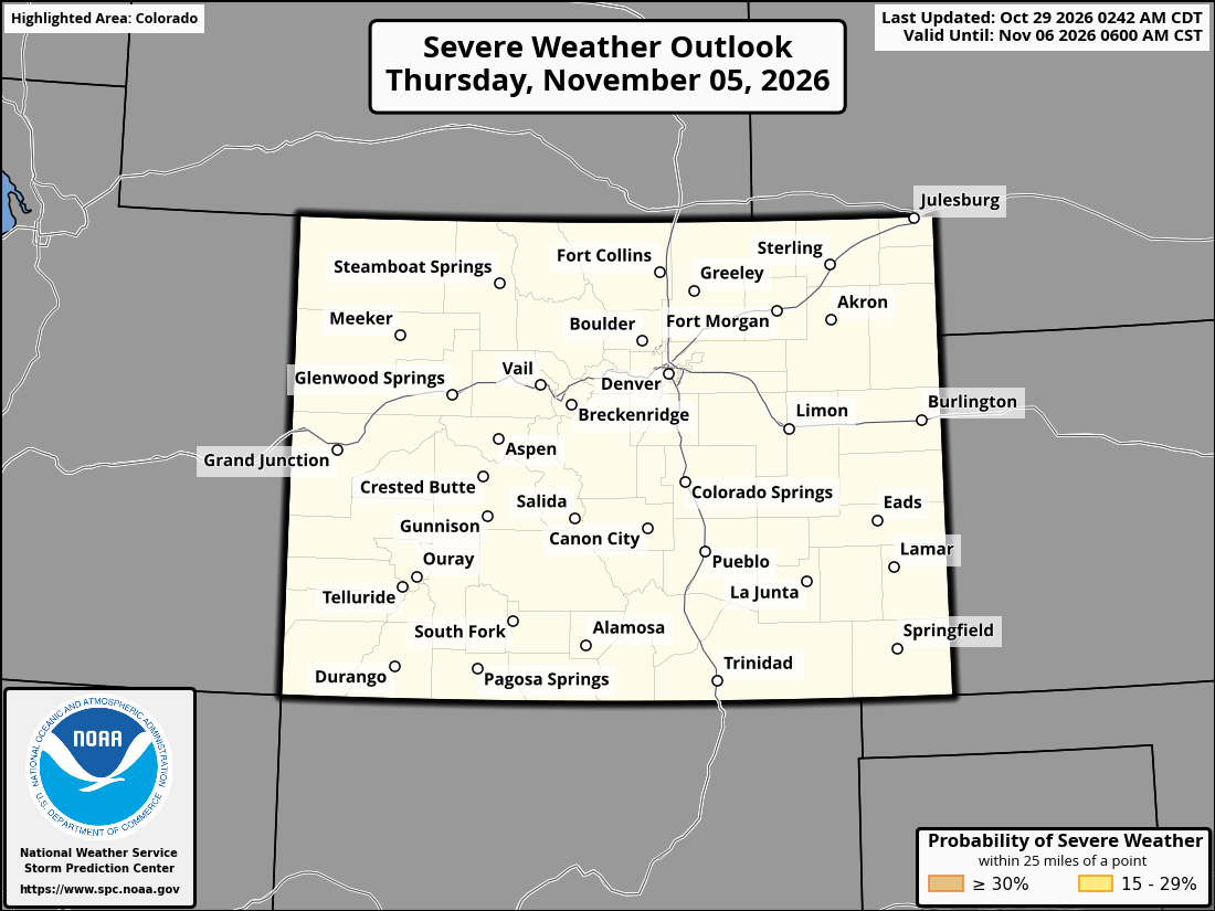 Original SPC partner Day 8 outlook map for Colorado, including its printed dates and legend. State context for Pueblo.