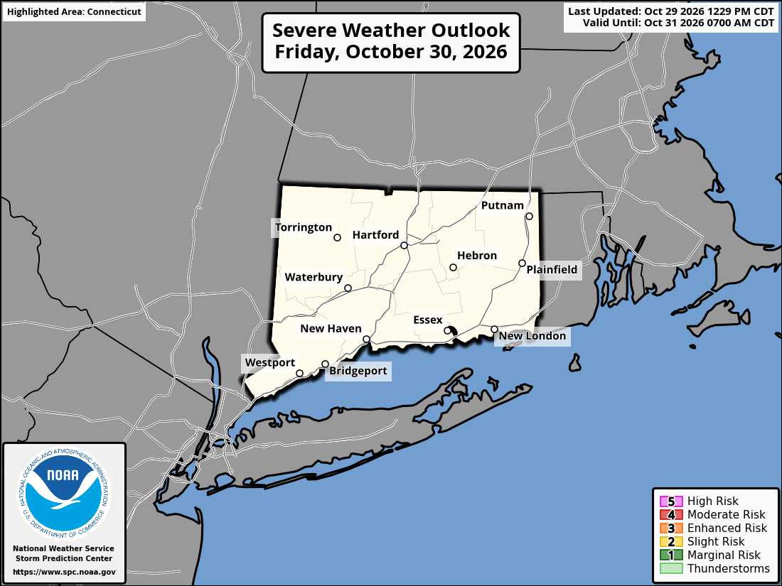 Original SPC partner Day 2 outlook map for Connecticut, including its printed dates and legend. State context for Bridgeport.