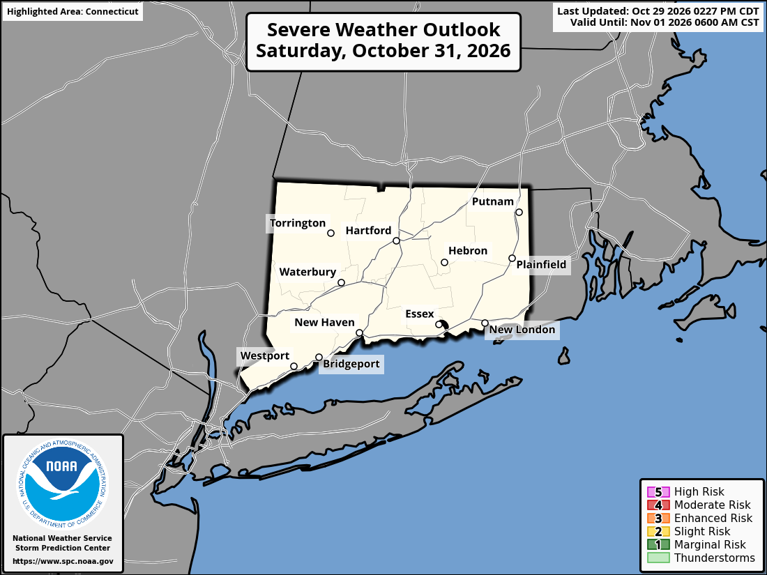 Original SPC partner Day 3 outlook map for Connecticut, including its printed dates and legend. State context for Bridgeport.