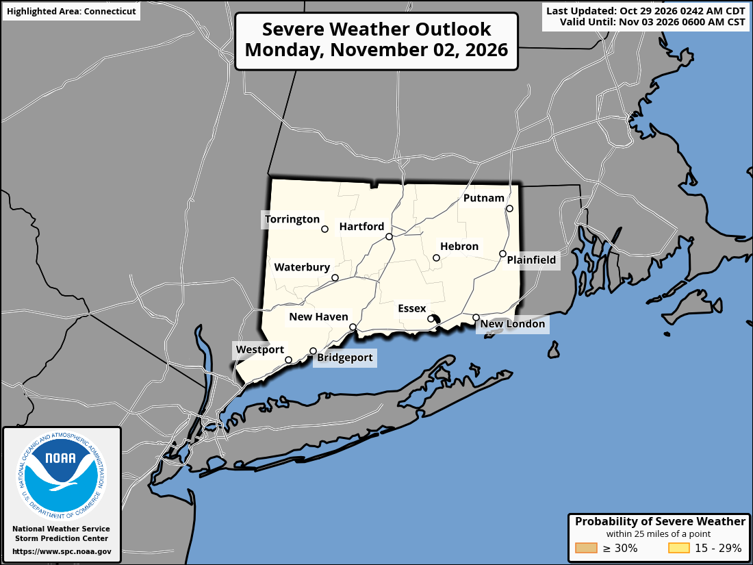 Original SPC partner Day 5 outlook map for Connecticut, including its printed dates and legend. State context for Bridgeport.