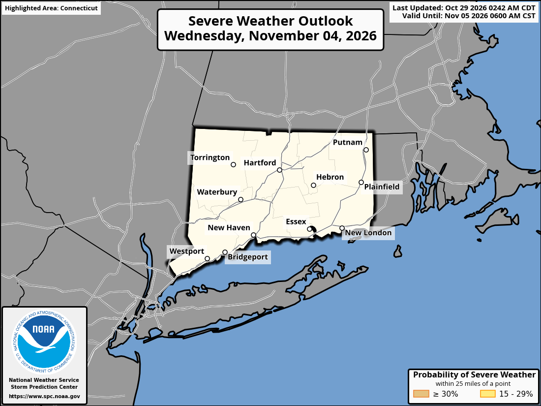 Original SPC partner Day 7 outlook map for Connecticut, including its printed dates and legend. State context for Bridgeport.