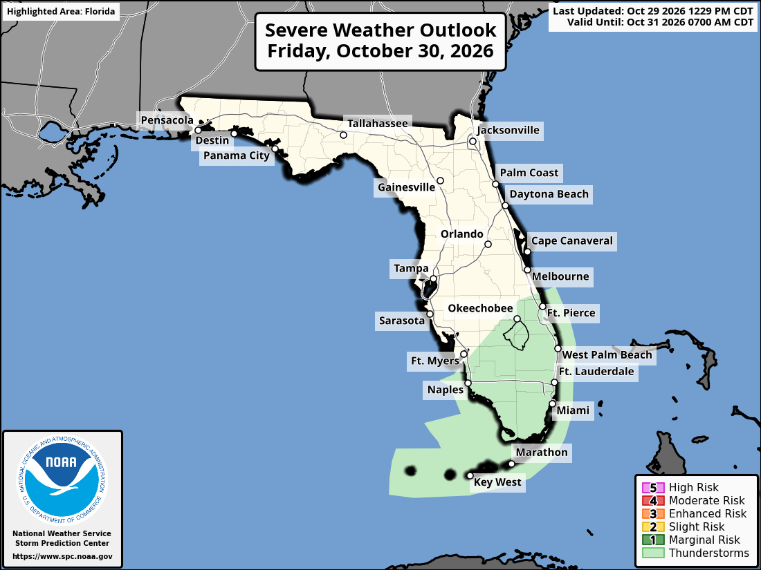 Original SPC partner Day 2 outlook map for Florida, including its printed dates and legend. State context for Palm Bay.