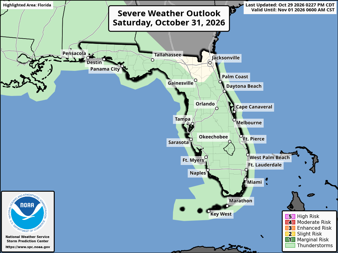 Original SPC partner Day 3 outlook map for Florida, including its printed dates and legend. State context for Palm Bay.
