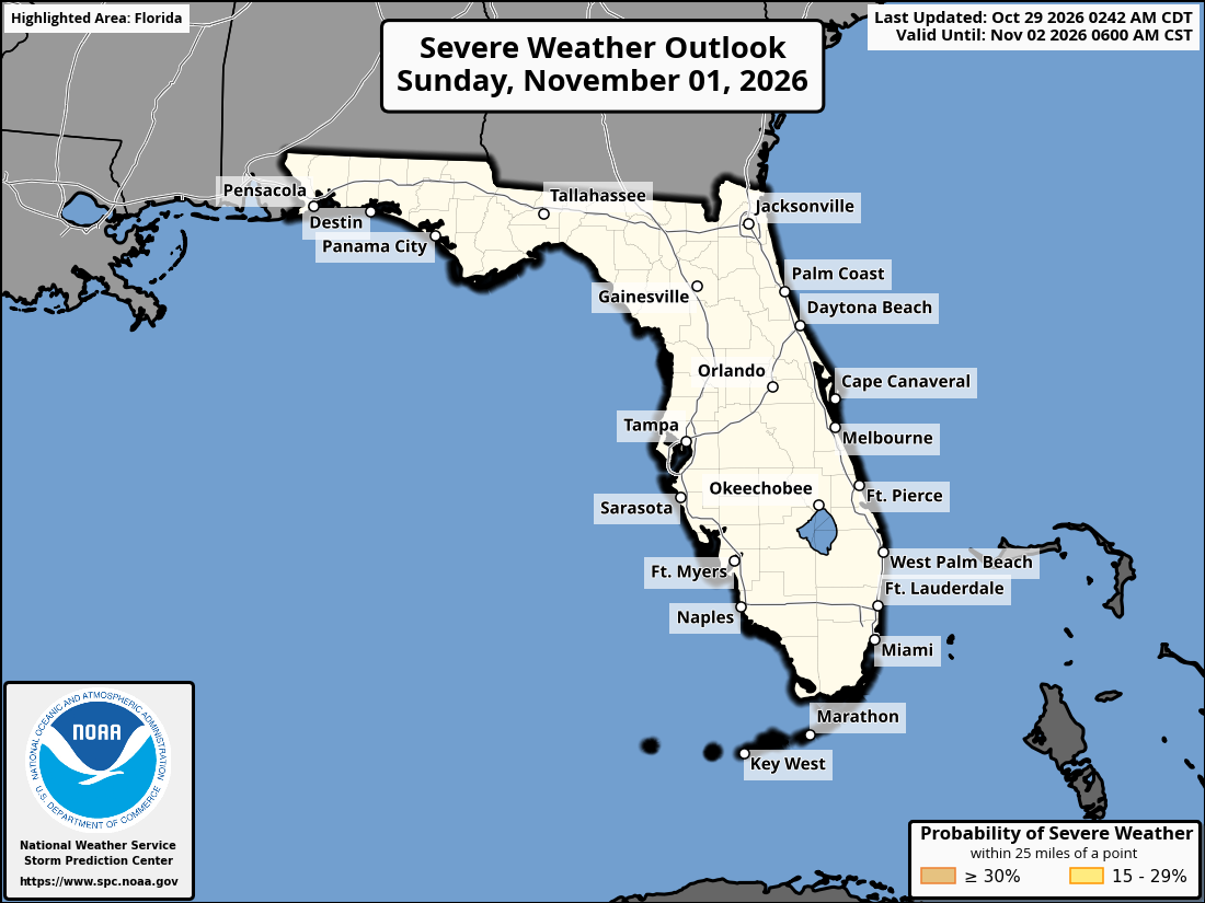 Original SPC partner Day 4 outlook map for Florida, including its printed dates and legend. State context for Palm Bay.