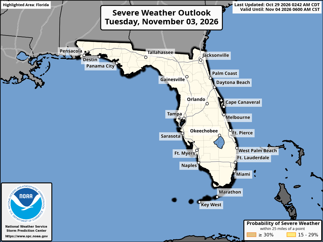 Original SPC partner Day 6 outlook map for Florida, including its printed dates and legend. State context for Palm Bay.