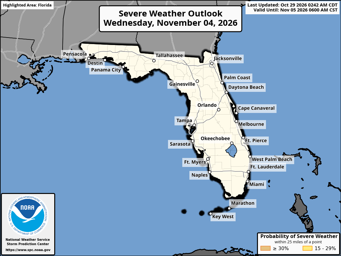 Original SPC partner Day 7 outlook map for Florida, including its printed dates and legend. State context for Palm Bay.