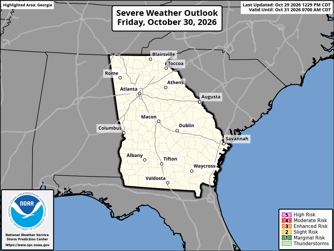 Original SPC partner Day 2 outlook map for Georgia, including its printed dates and legend. State context for Atlanta.