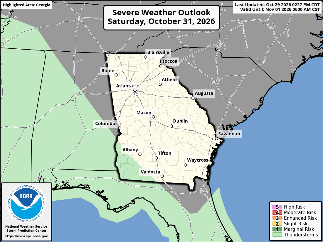 Original SPC partner Day 3 outlook map for Georgia, including its printed dates and legend. State context for Atlanta.
