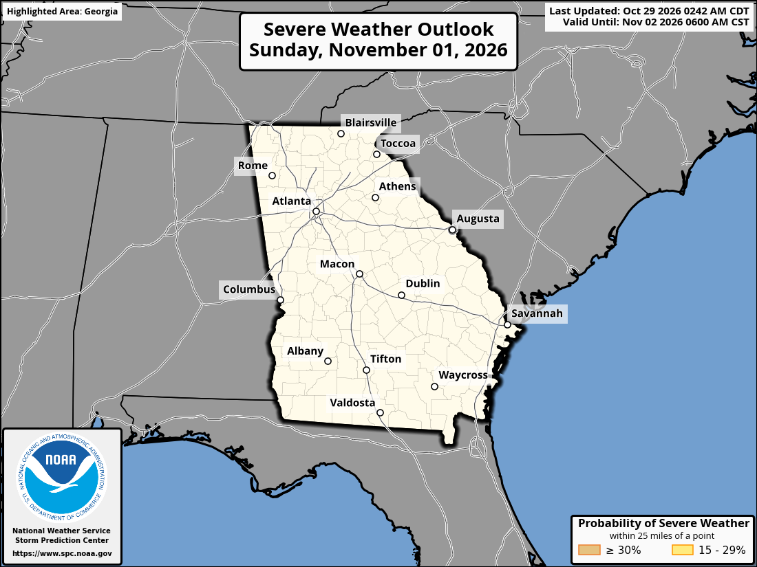 Original SPC partner Day 4 outlook map for Georgia, including its printed dates and legend. State context for Atlanta.