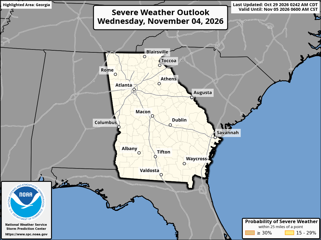Original SPC partner Day 7 outlook map for Georgia, including its printed dates and legend. State context for Atlanta.