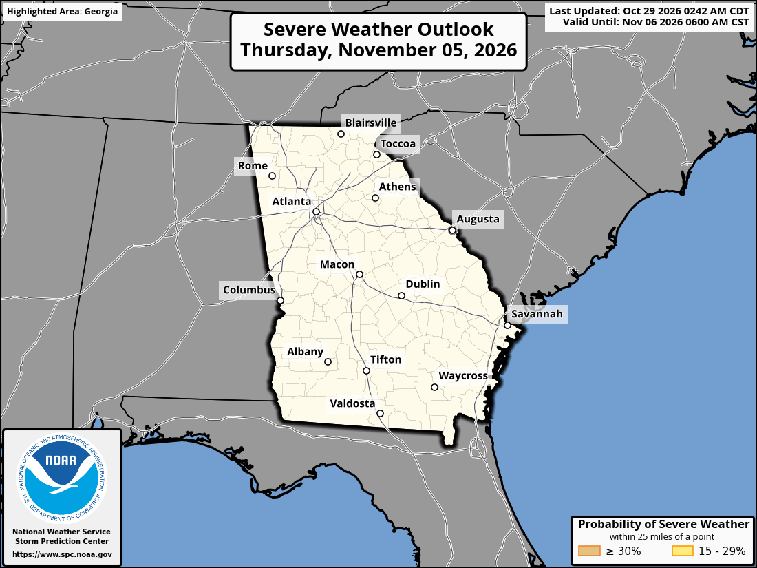 Original SPC partner Day 8 outlook map for Georgia, including its printed dates and legend. State context for Atlanta.